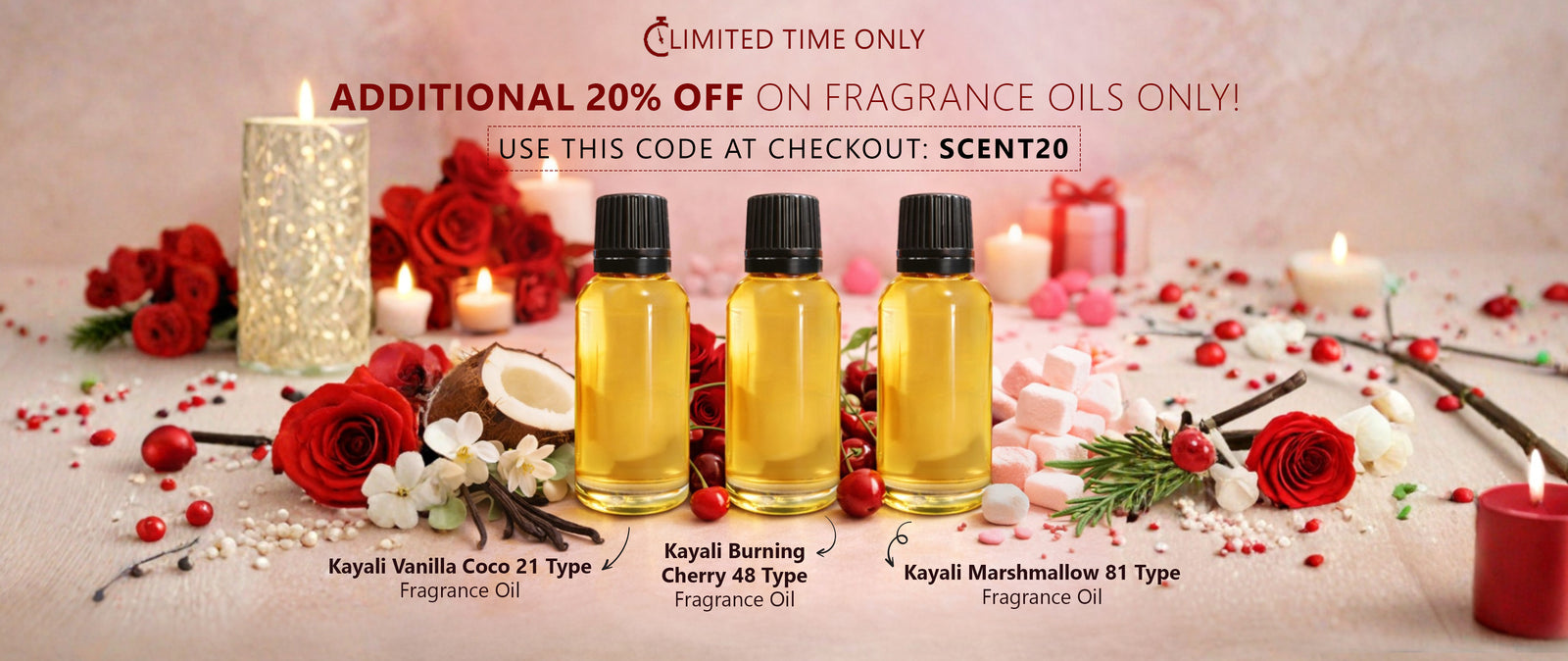  20% off banner with Kayali Vanilla Coco, Burning Cherry and Marshmallow oils.