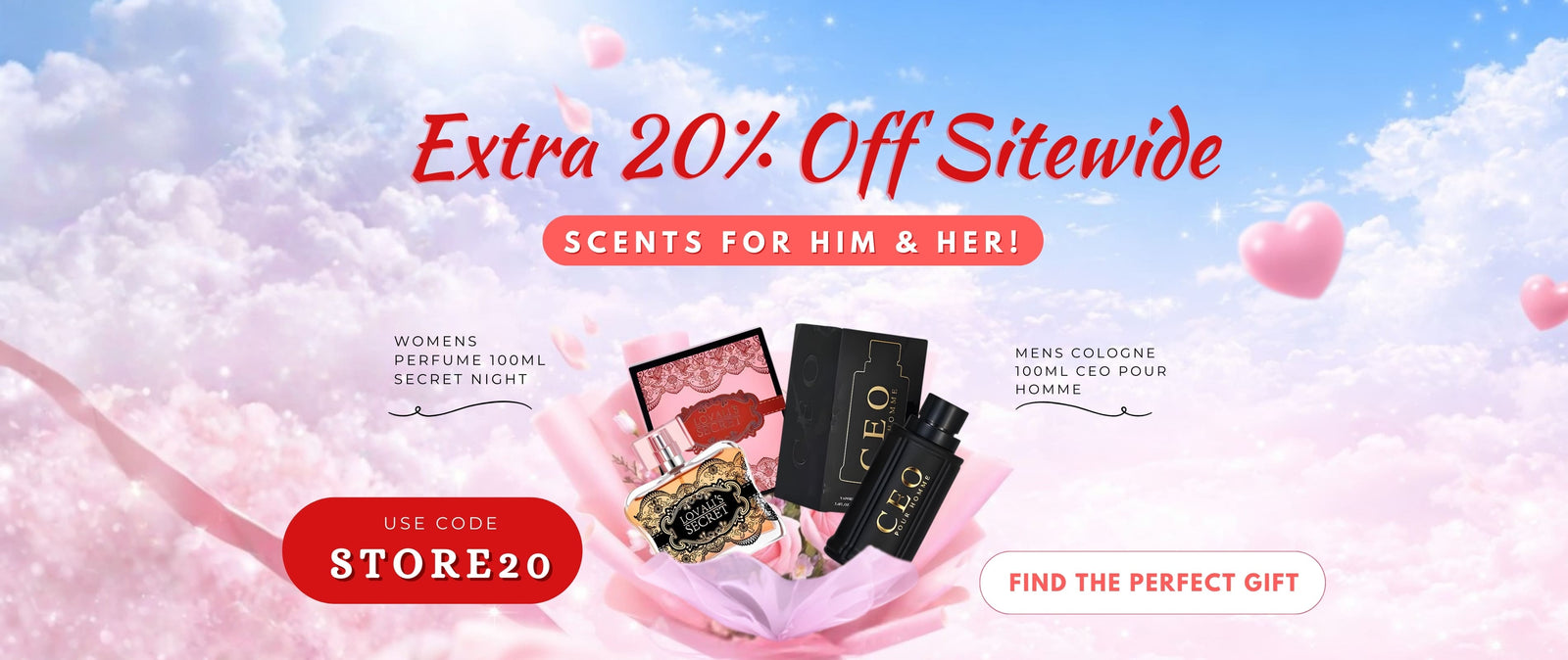 Promotional banner for a cosmetic sale with scents for men and women, featuring a pink and blue color scheme.
