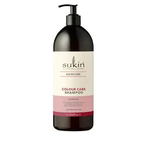 Sukin Colour Care Shampoo 1 Litre bottle with pump for healthy hair, sulfate-free, infused with quinoa and Kakadu Plum.
