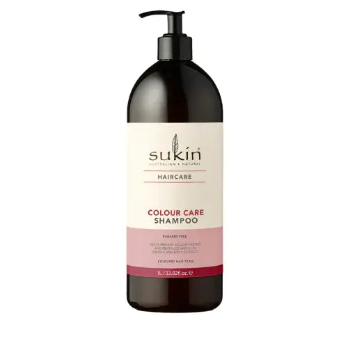 Sukin Colour Care Shampoo 1 Litre bottle with pump for healthy hair, sulfate-free, infused with quinoa and Kakadu Plum.