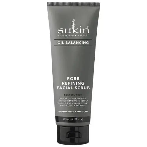Sukin Oil Balancing Pore Refining Facial Scrub tube for clear skin, featuring jojoba beads and bamboo charcoal, 125ml.