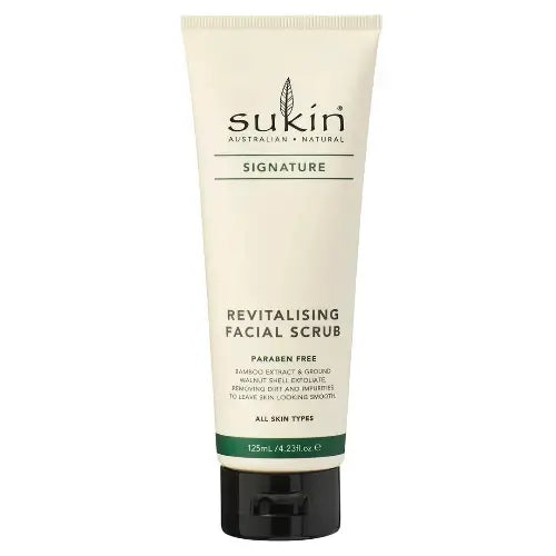 Sukin Revitalising Facial Scrub 125mL tube with Bamboo Extract and Walnut Shell Powder for all skin types.