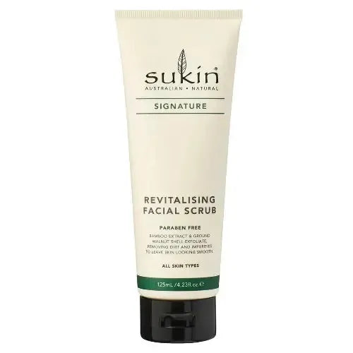 Sukin Revitalising Facial Scrub 125mL tube with Bamboo Extract and Walnut Shell Powder for all skin types.