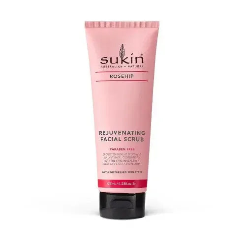 Sukin Rosehip Rejuvenating Facial Scrub tube, paraben-free, designed for dry and distressed skin types.
