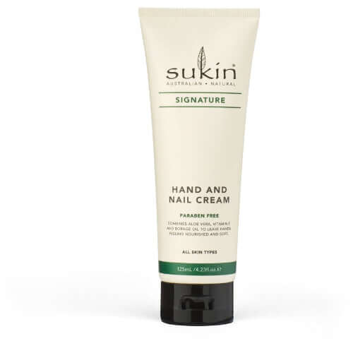 Sukin Signature Hand & Nail Cream 125ml, non-greasy formula with Aloe Vera, Vitamin E, and Borage Oil for soft, nourished hands.